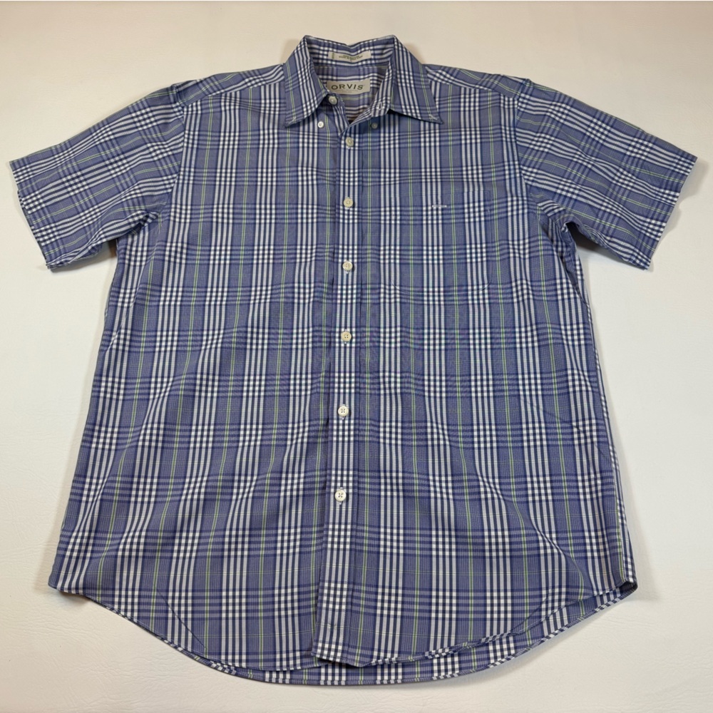 Orvis men’s large 100% cotton short sleeve button down shirt, blue white (bin Z) - Picture 1 of 5